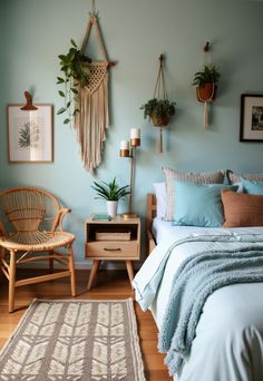 Light Blue Boho Bedroom Light And Airy Bedroom With Pops Of Color, Blue Bedrooms Ideas For Women, Decorating A Blue Bedroom, Boho Bedroom Blue Walls, Teal Bedroom Aesthetic, Accent Wall Boho Bedroom, Light Blue Wall Bedroom Ideas, Light Bedroom Colors