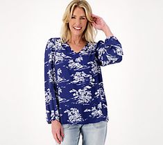 Paired with crisp white jeans or shorts and this popover blouse is absolute perfection. From Belle by Kim Gravel. Trendy Summer Split Neck Tops, Trendy Split Neck Summer Tops, Trendy Split Neck Tops For Summer, Chic Split Neck Top For Vacation, Summer Split Neck Top For Day Out, Relaxed Split Neck Blouse For Vacation, Relaxed Fit Split Neck Vacation Blouse, Relaxed Fit Split Neck Blouse For Vacation, Versatile Summer Top With Split Neck