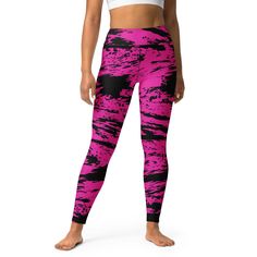 Pink and Black Rave Glitch Splatter High-Waisted Yoga Leggings – BigTexFunkadelic Casual Winter Sports Leggings, Casual Winter Workout Leggings, Casual Moisture-wicking Leggings For Winter, Casual Moisture-wicking Winter Leggings, Trendy Streetwear Leggings For Fall, Trendy Leggings For Gym In Fall, Pink Relaxed Fit Winter Activewear, Pink Fitted Activewear For Streetwear, Fitted Pink Activewear For Streetwear