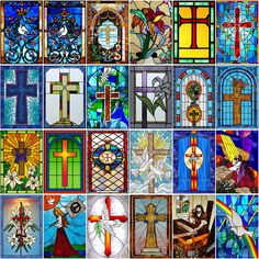 many different stained glass windows with crosses and doves on them, all in various colors