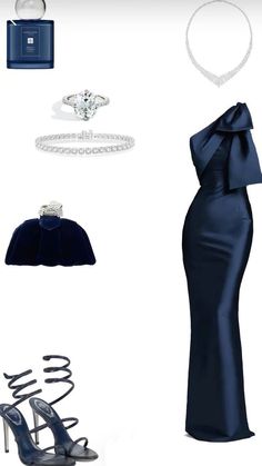 • Description : The outfit features a navy blue evening gown with a one-shoulder design and a large bow on the shoulder. The accessories include blue strappy high heels, a white necklace that appears to be made of dimond, paired with a bracelet, ring, and earrings.  • Preferable for : Gala dinners, red carpet events, weddings, black-tie events, charity balls.  • Tags : #outfits Classy Dress Prom, Prom Dress Inspiration, Dinner Outfits, Fashion Mistakes, Looks Chic, Fancy Outfits, Casual Style Outfits, Lookbook Outfits