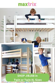 two children are climbing up and down bunk beds with text reading shop jiba in twin or twin kl sizes