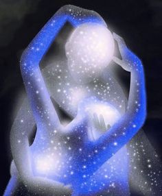 an artistic painting of a woman in blue and white with stars all over her body