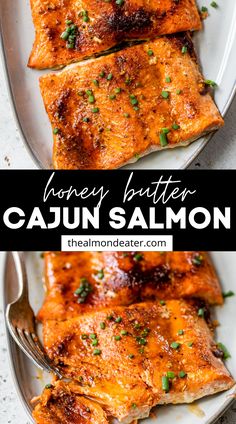 honey butter cajun salmon on a white plate with a fork and title text reads honey butter cajun salmon