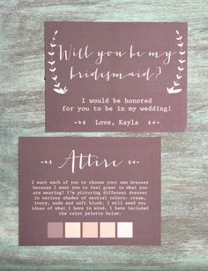 two brown and white business cards with the words, will you be my bridesmaid?