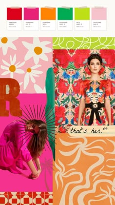 a collage of photos with different colors and patterns on it, including an image of a woman in a pink dress