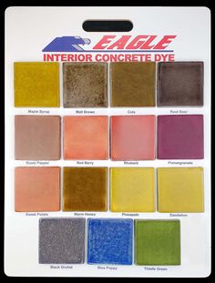 the interior concrete dye kit is shown in various colors and sizes, including red, yellow, green, blue, orange, purple, black