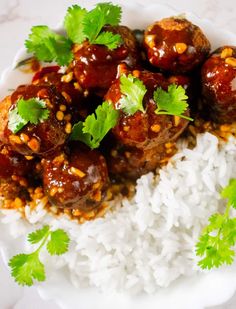 a white plate topped with meatballs and rice