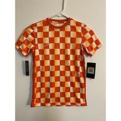 Nike Boy's Youth Dri-Fit Checkered Tennis Soccer Embroidered Swoosh Shirt | S * Little Snag See Pics Nike Orange Crew Neck T-shirt, Fitted Nike T-shirt For Summer, Casual Sports Shirt For Spring, Nike Relaxed Fit Shirt For Spring, Spring Sports Cotton Shirt, Nike Cotton Summer Shirt, Nike Cotton Shirt For Summer, Trendy Orange Sports Top, Nike Summer Shirt Relaxed Fit