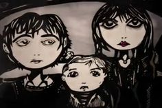 an image of three people sitting in the back seat of a car with their faces drawn on