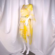 Halston Heritage Yellow & White Tie Dye 1 Shoulder Draped Silk Chiffon Belted Cocktail Dress Size Small Asymmetrical Hem, Hidden Side Zipper, Fully Lined, & Snap Eye & Hook Shoulder Strap Closure. Silk Drape Dress, Teal Mini Dress, Halston Dress, Halston Heritage Dress, Twisted Dress, Eye Hook, Pink Gowns, Tent Dress, Overlay Dress