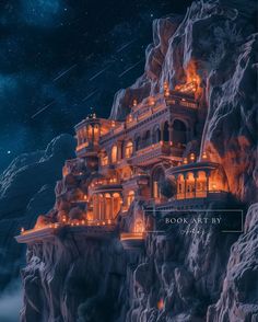 an image of a house on top of a mountain at night with stars in the sky