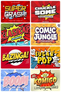 six comic book covers with different font styles and colors, all in various shapes and sizes