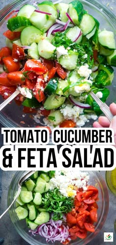 Person's hands using stirring utensils to toss tomato cucumber salad in glass bowl. Untossed tomato cucumber salad in glass bowl with serving spoons. Title: Tomato Cucumber & Feta Salad Salads With Feta Cheese Healthy, Cucumber Feta Tomato Salad, Cold Vegetable Salad, Cucumber Tomato Salad Feta, Meals With Feta Cheese, Feta Cheese Salad Recipes, Salad Recipes With Feta, Cooktoria Recipes, Tomato Cucumber Feta Salad