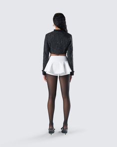 Being classy isn't a choice, it's a lifestyle 😌 With a black tweed cropped jacket and a white ruffle tiered skort, this chic two-piece set gives off a polished and sophisticated look that will intimidate them all 🤍 Elegant Cropped Bottoms For Party, Elegant Cropped Party Bottoms, Chic Cropped Bottoms For Party, Ruffled Mini Skirt For Fall Parties, Fall Party Mini Skirt With Ruffles, Chic Cropped Jacket For Party, Elegant Ruffled Crop Top For Party, Being Classy, Tweed Cropped Jacket