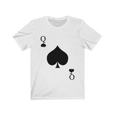 a white t - shirt with black playing cards on the front and two hearts at the back