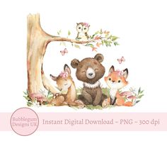 a watercolor painting of an animal family in front of a tree with flowers and leaves