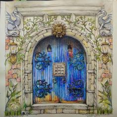 a drawing of a blue door that is painted in pastel pencils and watercolor