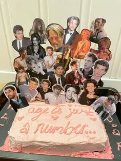 a birthday cake with pictures of people on it