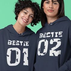 Complete your bestie look with our Bestie Matching Set! Bestie 01 & 02 Hoodies, Sweatshirts & Sweaters make the perfect BFF gifts! Get matching outfits for you and your bestie with our selection of husband and wife matching shirts, couples matching t-shirts, funny matching shirts, funny his and her shirts and more! Get matching hoodies, tees and sweaters to show your love. Shop now for the perfect couple shirts! Bff Hoodies, Funny Matching Shirts, Best Friend Hoodies, Besties Forever, Cat Mom Shirts, Couple T-shirt, Perfect Couple, Sweater Making