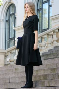 Black V-neck Dress With Flattering Silhouette, Black Formal Midi Dress With Full Skirt, Formal Black Midi Dress With Full Skirt, Black Midi Dress With Full Skirt For Evening, Black Full Skirt Midi Dress For Evening, Chic Black Fit And Flare Dress, Elegant Black Midi Dress With Full Skirt, Black Midi Dress With Full Skirt, Black A-line Midi Dress