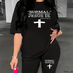 Peilia - Jesus Is Print Two-Piece Set: Short Sleeve Crew Neck T-Shirt and Shorts, Fashionable Spring and Summer Outfits, Womens Casual Clothing Black Printed Top For Loungewear, Black Printed Short Sleeve Sets, Black Crew Neck Sets With Letter Print, Black Crew Neck Set With Letter Print, Black Crew Neck Sets With Graphic Print, Black Graphic Print Crew Neck Set, Black Graphic Print Sets With Crew Neck, Spring And Summer Outfits, Summer Care