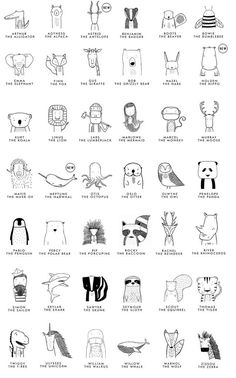 an illustrated poster with different types of animals and their names in black ink on white paper