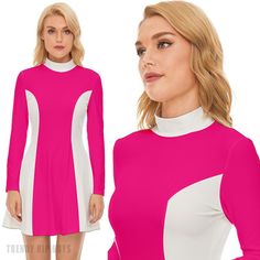 Transport yourself back to the vibrant era of the 60s with our Fuchsia Pink Mod Dress, a striking representation of the iconic 60s dress style. This Color Block Dress pays homage to the mod fashion movement, featuring a playful and lively combination of fuchsia pink and white hues. The GOGO Dress design captures the essence of retro chic, offering a unique blend of bold colors and vintage-inspired details. Crafted from luxurious 100% polyester velour material, this dress not only embodies the sp Retro Stretch Mini Dress, Retro Pink A-line Mini Dress, Pink Fitted Mod Dress, Fitted Pink Mod Dress, Dress 60s Style, 60s Fashion Dresses, 60s Mini Dress, Gogo Dress, Fashion Movement