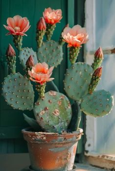 a potted plant with pink flowers sitting in front of a green door