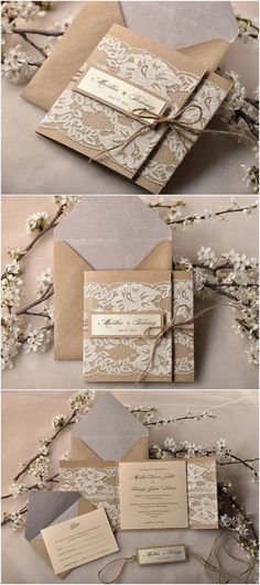 the wedding stationery is laid out on top of each other