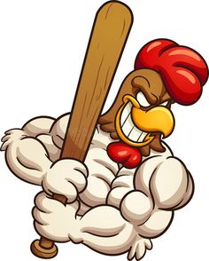 a cartoon chicken with a baseball bat in its hand