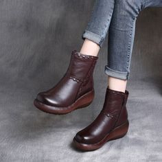 Retro Wedge Platform Boots Wedge Platform Boots, Velcro Shoes, Color Cafe, Zipper Boots, Round Toe Heels, Coffee Colour, Wedge Boots, Top Grain Leather, Platform Boots