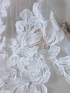 Large Flower Fabric, Clear Sequins Embroidered Lace Fabric, Ivory Floral Leaf Lace Fabric, Lace Top Large Floral Embroidery, White Tulle Fabric With Floral Embroidery For Wedding, Wedding Dresses With 3d Embroidery And Lace, Wedding Dresses With 3d Embroidery In Lace, White Floral Embroidered Wedding Veil, White Wedding Veil With Floral Embroidery, White Lace Dress With 3d Embroidery, White Appliqued Tulle Fabric For Wedding, White Floral Applique Wedding Dress