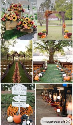 an outdoor ceremony with sunflowers and pumpkins