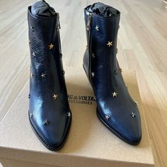 Super Cute Star-Studded Boots In A Gorgeous Navy Blue! Never Worn. They Are Brand New In Original Box With Zadig And Voltaire Shoe Bag. European Size 38 Womens Star Shoes, Night Sky Heels, Cosmic Boots, Starry Shoes, Whimsigoth Shoes, Witchy Boots, 70s Boots, Fashion 2025, Star Boots