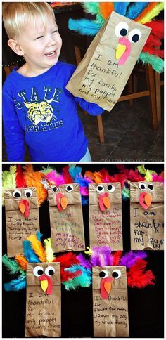 a collage of pictures with paper bags decorated like turkeys and an image of a little boy smiling