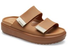 Crocs Brooklyn Luxe Sandal - Women's Shoes : Tan/Tan : Verified vegan construction. , Slip into style and comfort by wearing the Crocs Brooklyn Luxe Sandals. Crafted with thermoplastic midsole that offers cushioned comfort, these slide sandals are an ideal choice for your everyday wear. A part of the Brooklyn Luxe collection, these comfy slippers come with adjustable straps with a hook-and-loop closure that offers a secure fit. The TPU upper, insole, and lining offer all-day comfort. Perfect for casual outings and beach trips, these platform slides make a great addition to your footwear collection. Slip-on style. Brand detailing on the footbed. Open, round toe silhouette. Platform heels. Thermoplastic outsole. Imported. Measurements: Heel Height: 1 7 8 in Weight: 10.54 oz Platform Height: Nike Slide Sandals, Crocs Brooklyn, Comfortable Leather Sandals, Crocs Sandals, Nike Slides, Comfy Slippers, Comfy Sandals, Slide Slippers, Nike Shoes Air Max