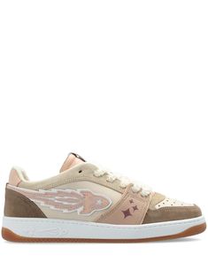 beige/multicolour suede panelled design two-tone design logo patch at the tongue perforated toebox front lace-up fastening branded insole flat rubber sole The Tongue, Star Embroidery, City Dress, Iconic Bags, Sneakers Grey, Summer Beach Wear, Flat Boots, Suede Sneakers, Flat Sneakers