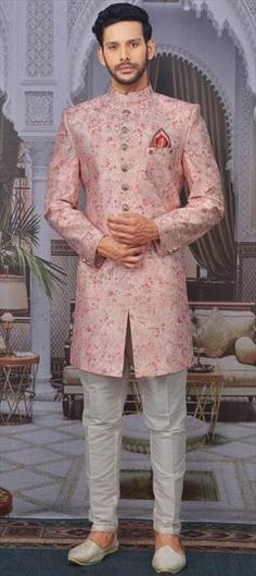 Pink and Majenta color IndoWestern Dress in Banarasi Silk fabric with Embroidered, Thread work Pink Sherwani For Spring Festivals, Traditional Pink Sherwani With Floral Embroidery, Fitted Pink Sherwani With Floral Embroidery, Fitted Traditional Wear For Spring Reception, Spring Wedding Multicolor Kurta, Fitted Floral Print Traditional Wear For Reception, Fitted Floral Traditional Wear For Reception, Transitional Floral Print Wedding Dress, Spring Wedding Sherwani With Resham Embroidery