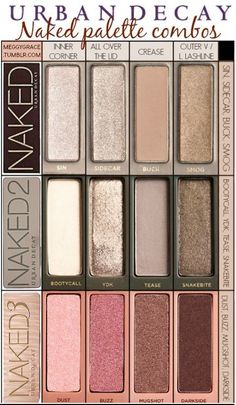 Quick and easy eye makeup looks from each of the Naked pallettes. Urban Decay Palette, Makeup Tip, Eyeshadow Pallets, Smokey Eyes, Eye Shadows, Makeup Obsession, Kiss Makeup