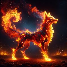 a fire dog standing in the middle of a field with lots of flames around it