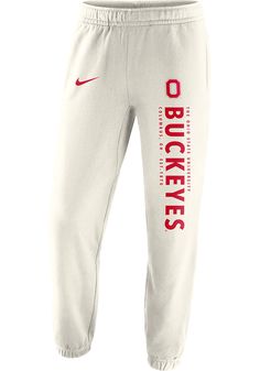 Get cozy in these Ohio State Buckeyes Oatmeal Saturday Sweatpants! Whether you're relaxing watching the game or just out running errands, these The Ohio State University Sweats are the perfect way to show your Buckeyes spirit in comfort and style. These Ohio State Buckeyes Sweatpants also feature a screen print team graphic on left hip. Nike Cotton Sweatpants For Sports Season, Nike Cotton Sweatpants, Casual Sports Team Bottoms For Events, White Sweatpants For Sports Season, Casual Pants For Sports Season Events, Cotton Athleisure Pants For Sports Events, Collegiate White Bottoms For Sports Events, White Cotton Nike Joggers, Nike White Cotton Joggers