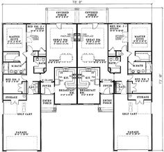 the floor plan for an apartment building with four bedroom and two bathroom areas on each side