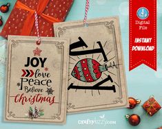 two christmas tags with the words joy, love, peace and believe in red on them