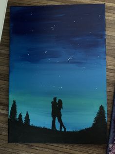 an acrylic painting of two people standing on a hill under the night sky