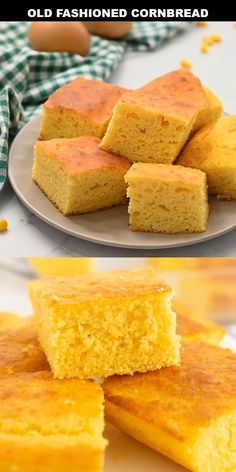 several pieces of cornbread sitting on top of a white plate