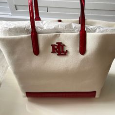 New Ralph Lauren Logo Canvas Tote W Red Leather Reinforcements. $250 Large Size Ralph Lauren Bags, Ralph Lauren Logo, Lauren White, Womens Tote Bags, Canvas Tote, Red Leather, Large Size, Mood Board, Red White