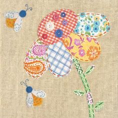 an image of flowers and butterflies on burlocked fabric with butterfly appliques