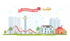 amusement park with roller coaster and ferris wheel in flat design style stock photo, images and royalty