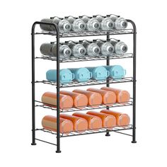 a metal rack with cans and cups on it's sides, in front of a white background